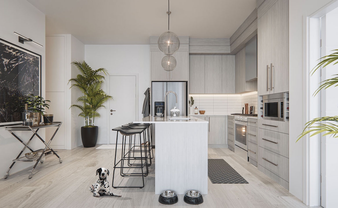 Rendering of The Mondrian Condos suite interior dark kitchen area
