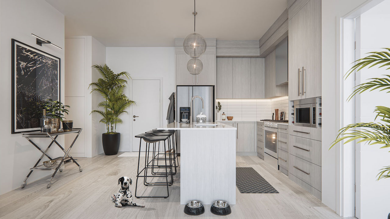 Rendering of The Mondrian Condos suite interior dark kitchen area
