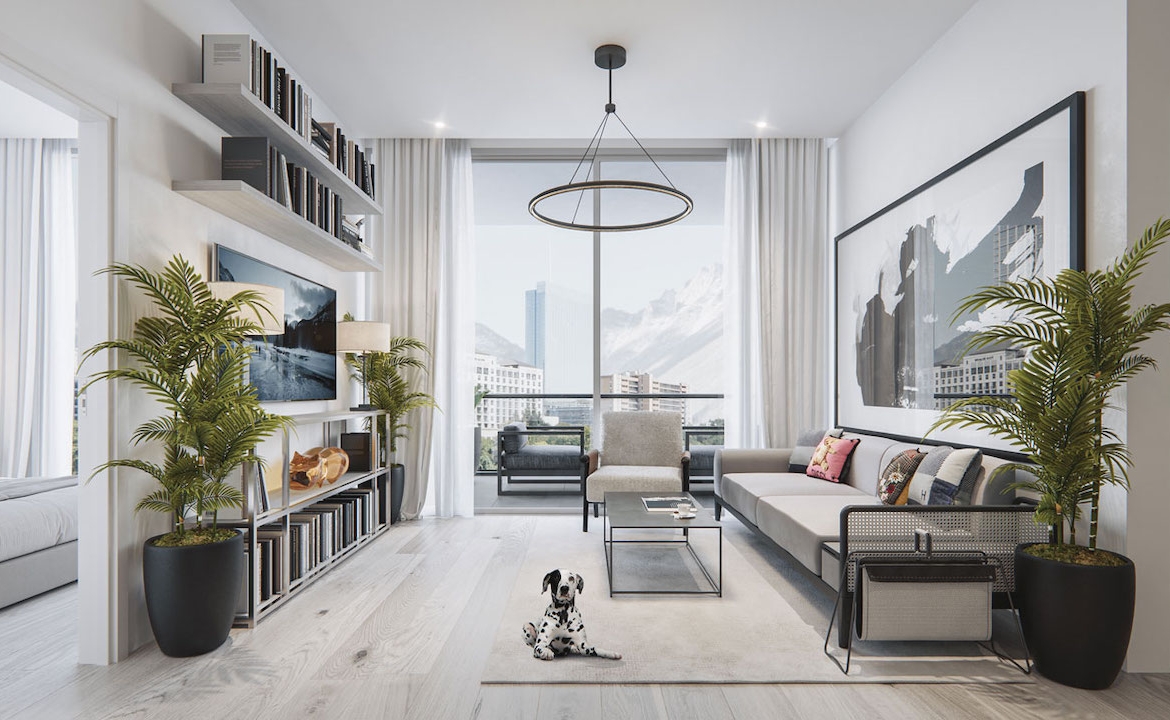 Rendering of The Mondrian Condos suite interior dark living room
