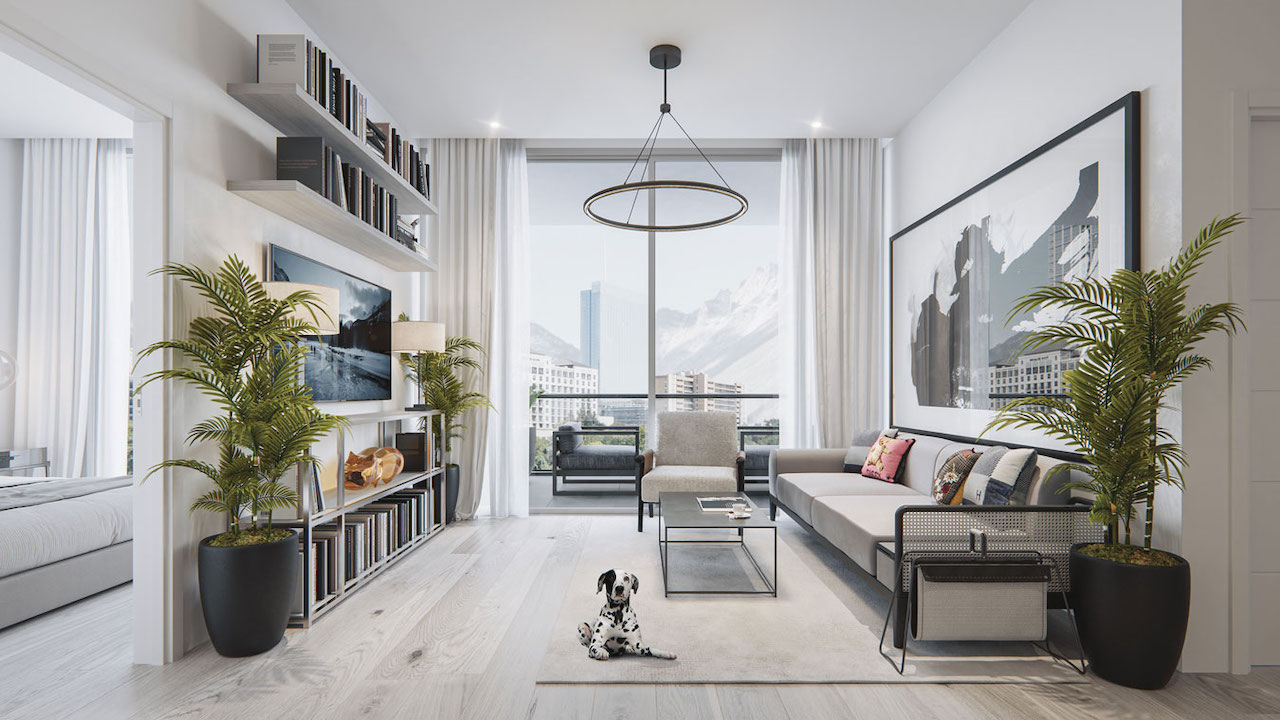 Rendering of The Mondrian Condos suite interior dark living room