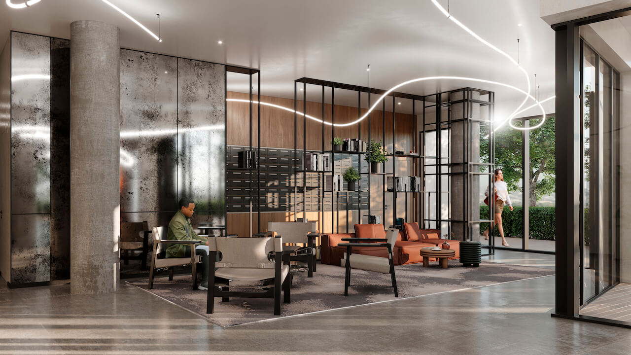 Rendering of 316 Junction Condos lobby with seating