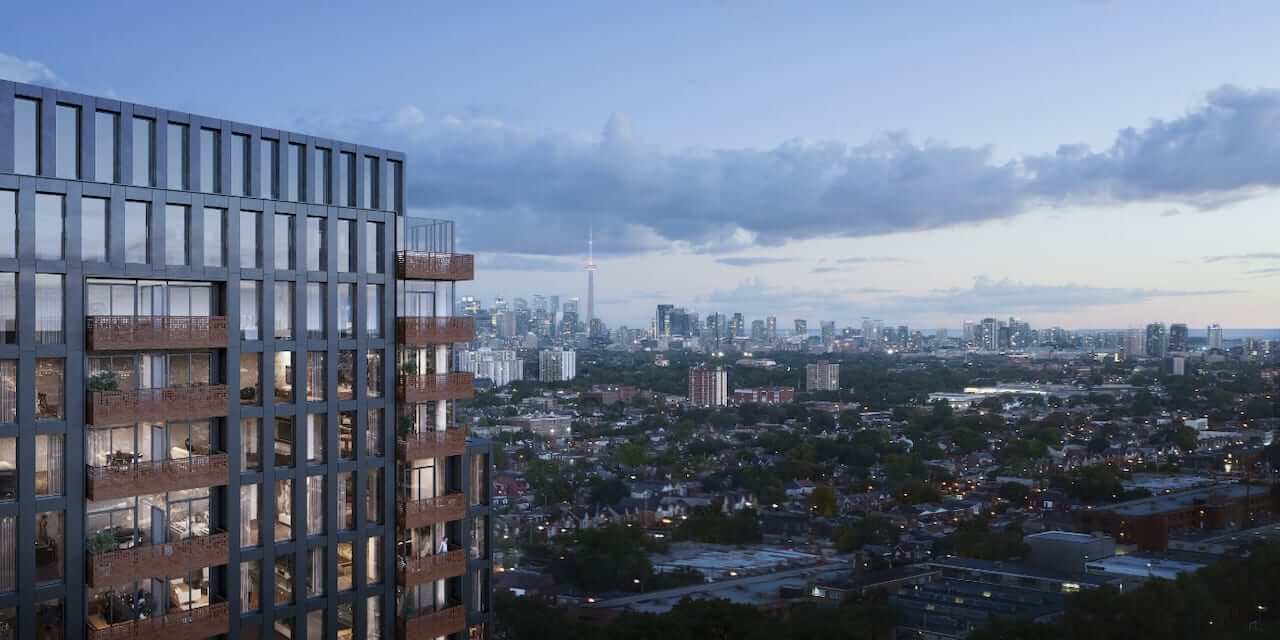 Exterior rendering of 316 Junction Condos at dusk.