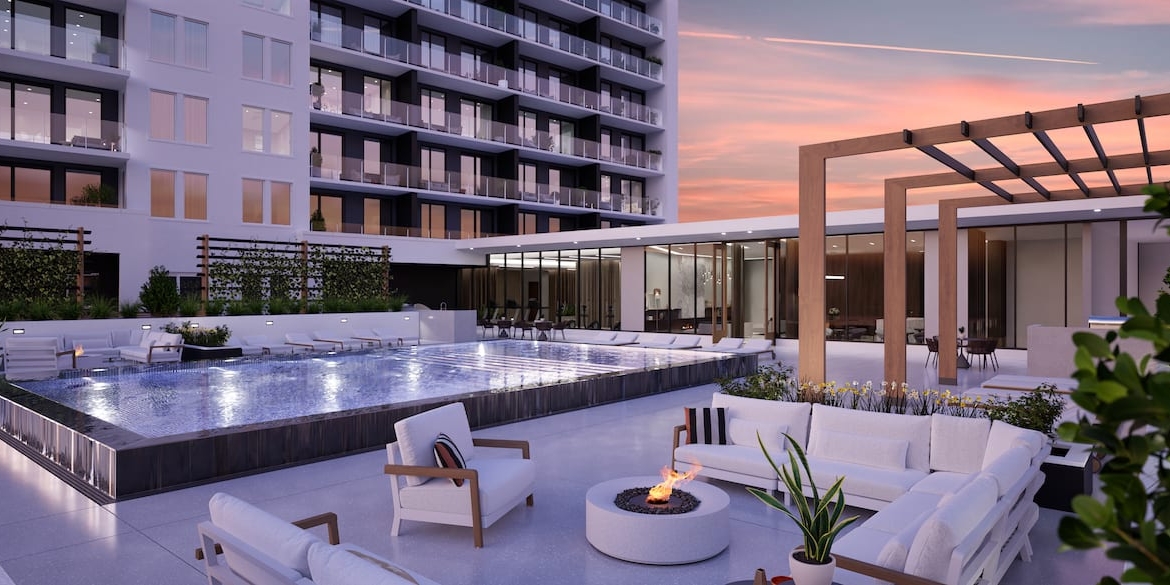 Rendering of Porta Condos terrace with swimming pool in the evening