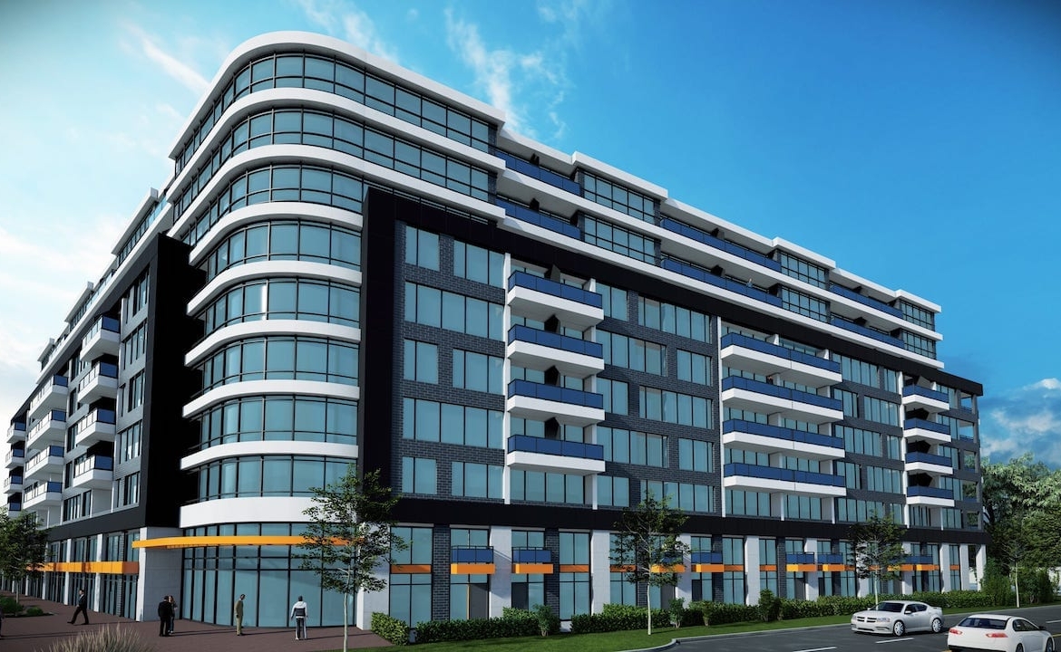 Rendering of Springbank Lux Condos exterior Gold canopy A1