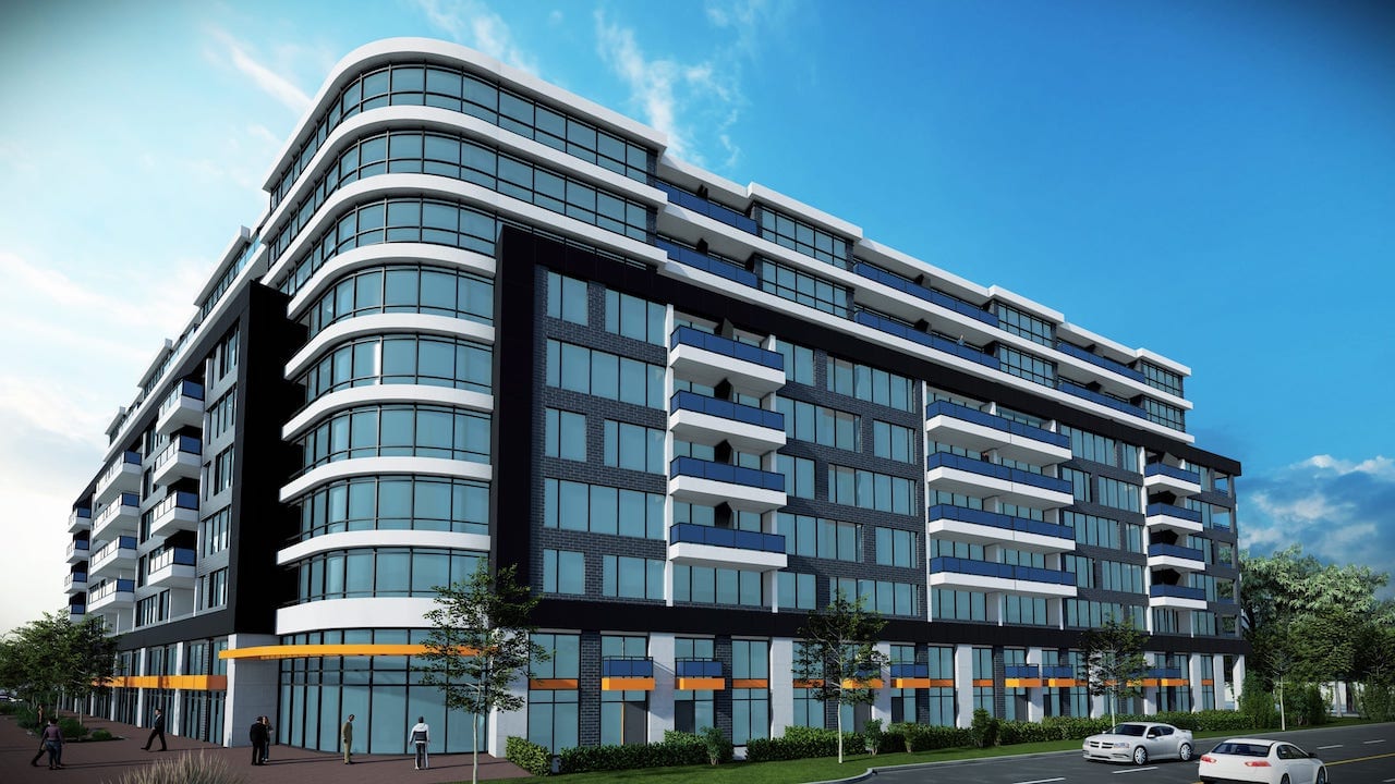 Rendering of Springbank Lux Condos exterior Gold canopy A1