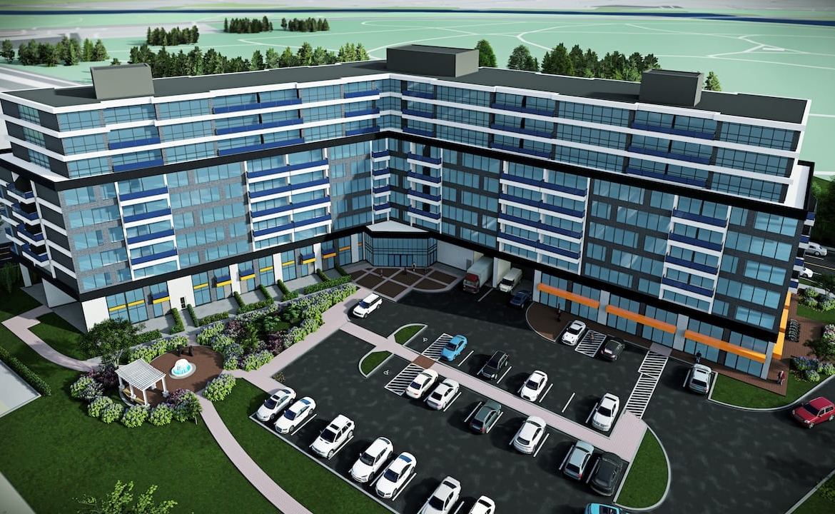 Rendering of Springbank Lux Condos exterior Gold canopy D aerial