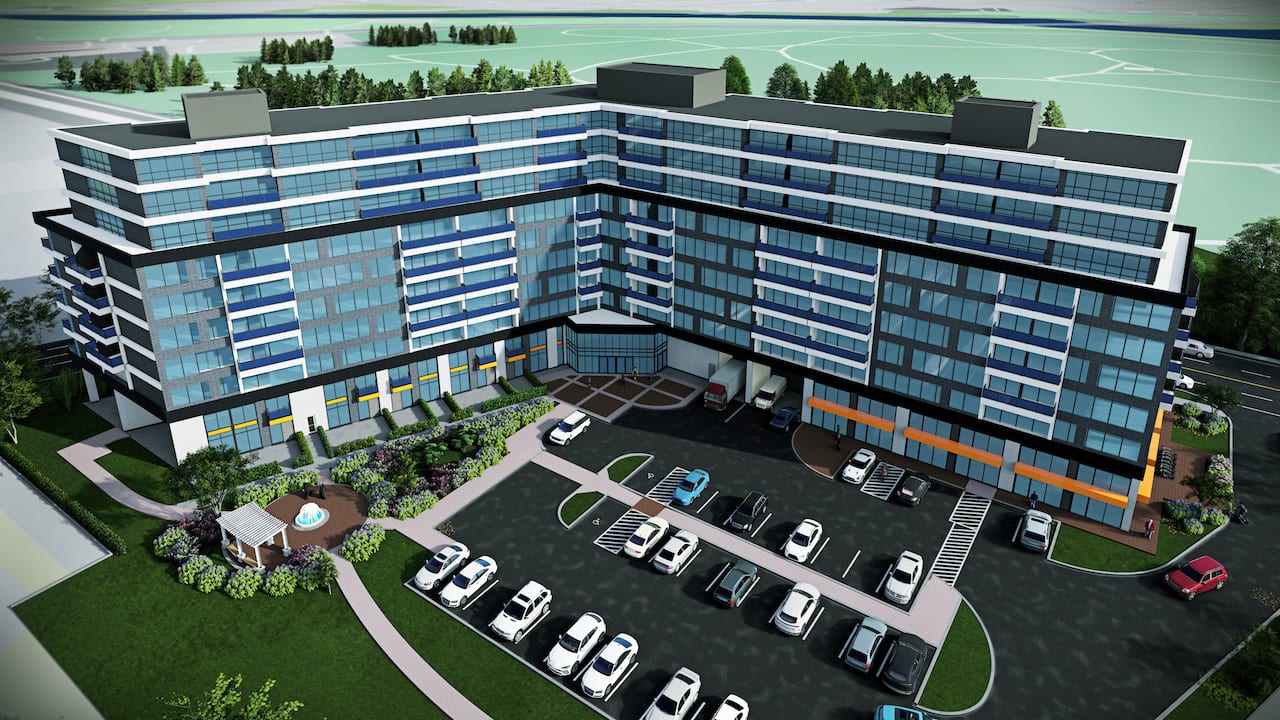 Rendering of Springbank Lux Condos exterior Gold canopy D aerial