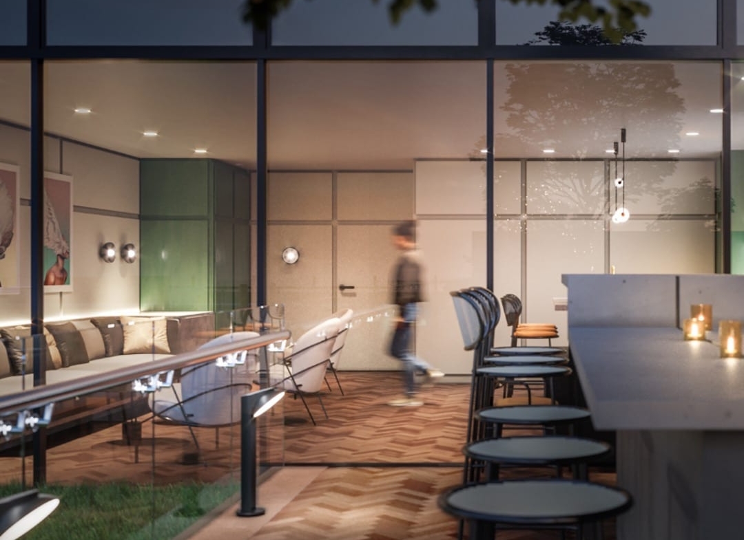 Exterior rendering of High Line Condos party room