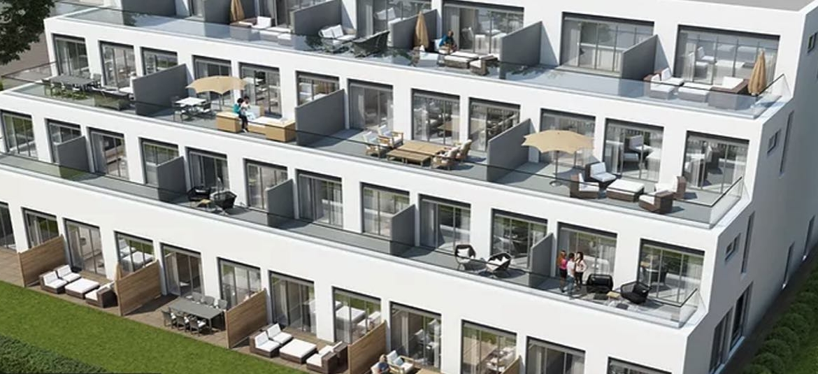 Rendering of Nuewest Condos exterior aerial