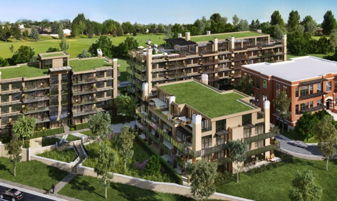 Aerial exterior rendering of Unexusmuskoka Condos