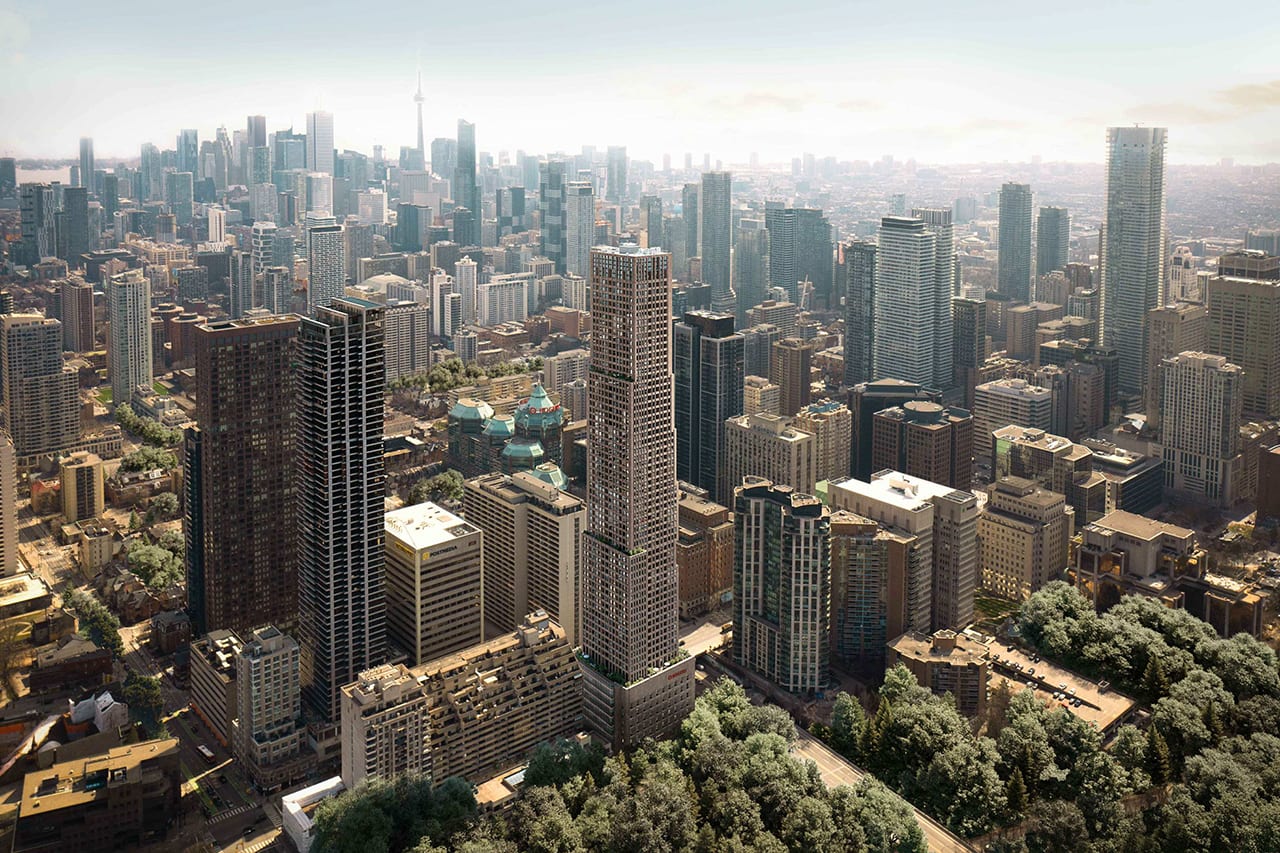Rendering of 350 Bloor East Condos exterior aerial view in Toronto