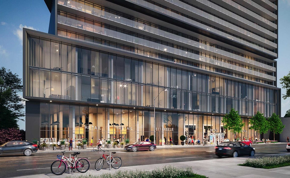 Exterior rendering of 611 Keele Condos streetscape