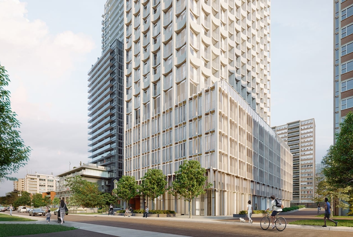 Exterior rendering of 77 Erskine Condos podium