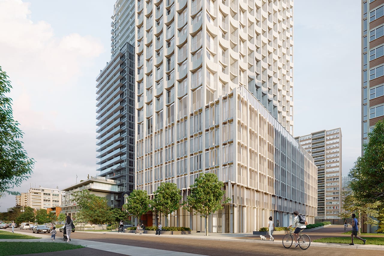 Exterior rendering of 77 Erskine Condos podium