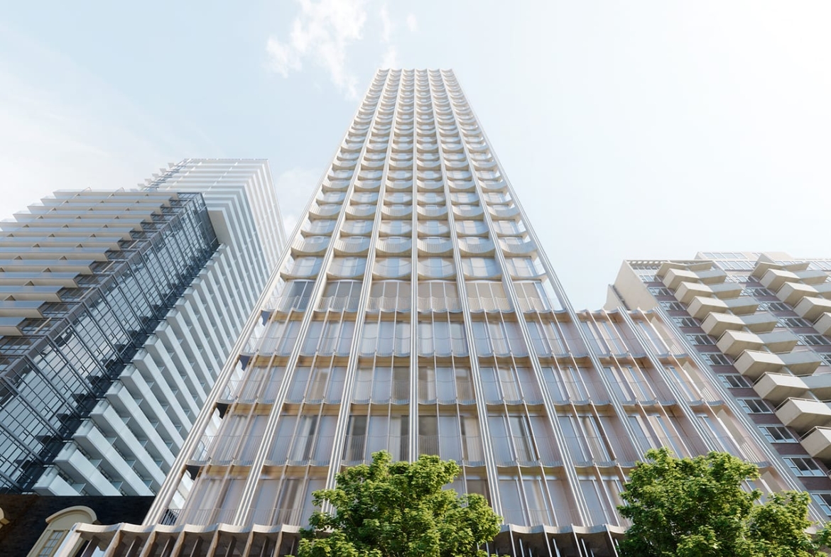 Exterior rendering of 77 Erskine Condos worms-eye-view