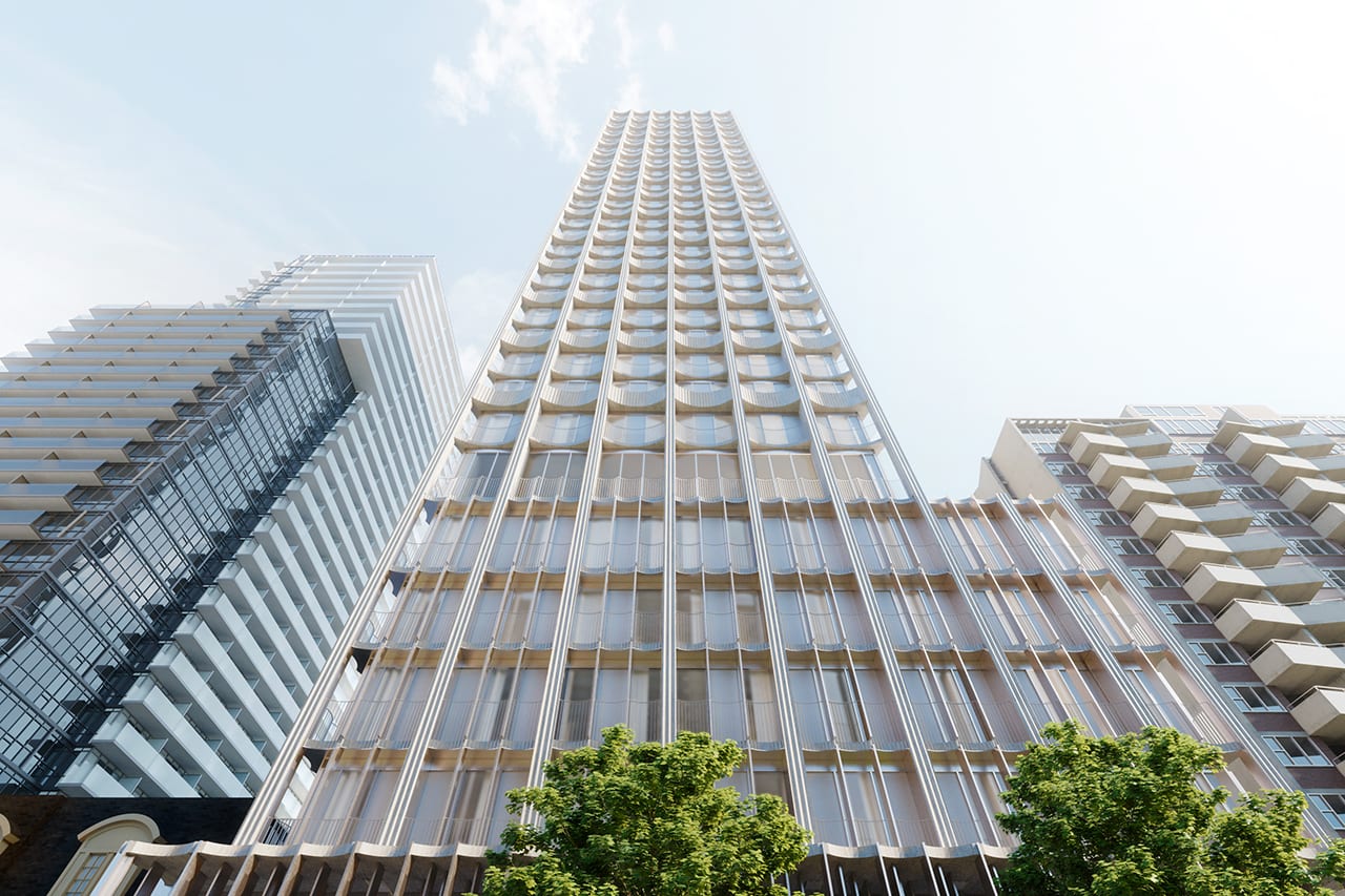 Exterior rendering of 77 Erskine Condos worms-eye-view