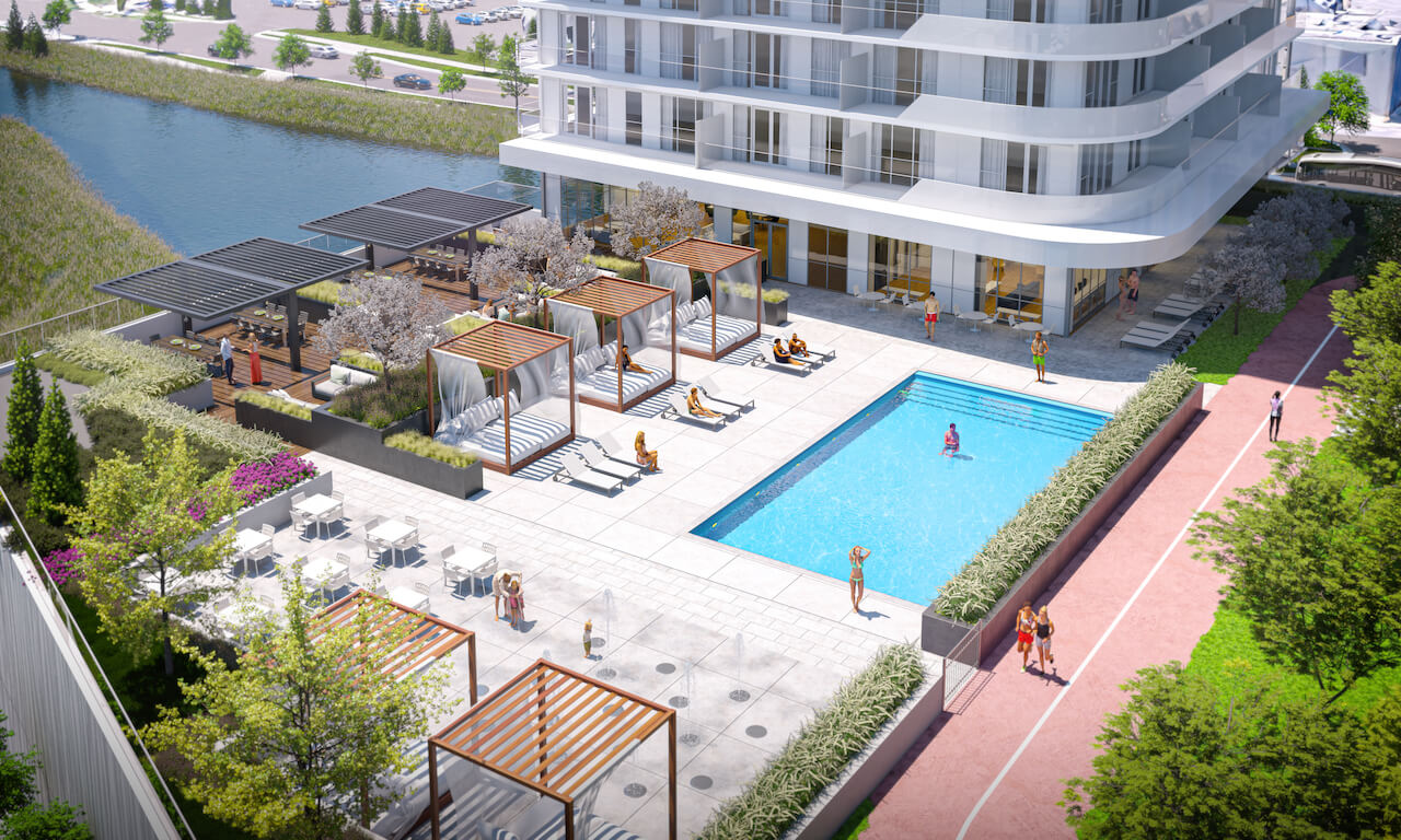 Rendering of Thompson Towers aerial pool view