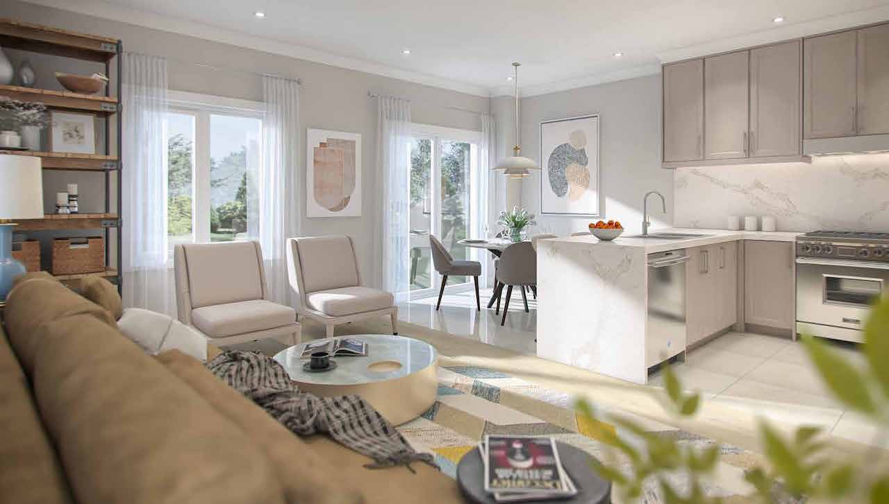 Rendering of Maya Urban Towns suite interior open-concept
