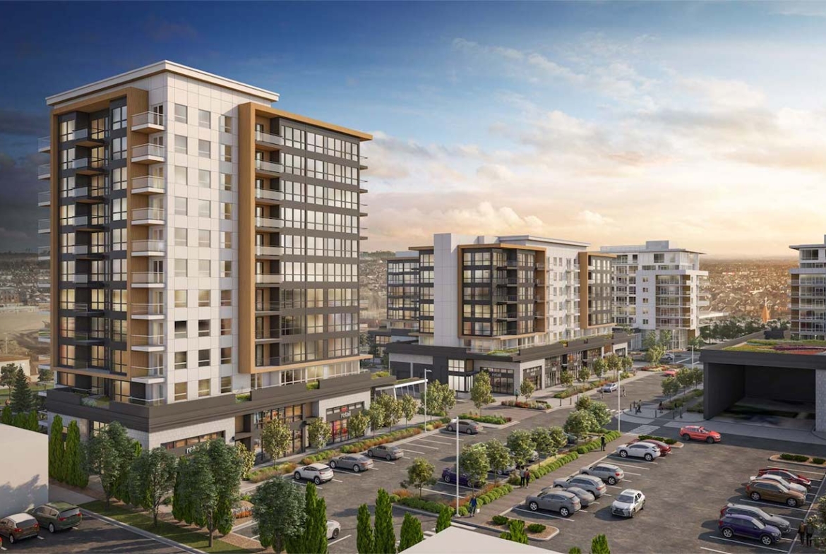 Exterior rendering of Oak & Olive Condos community
