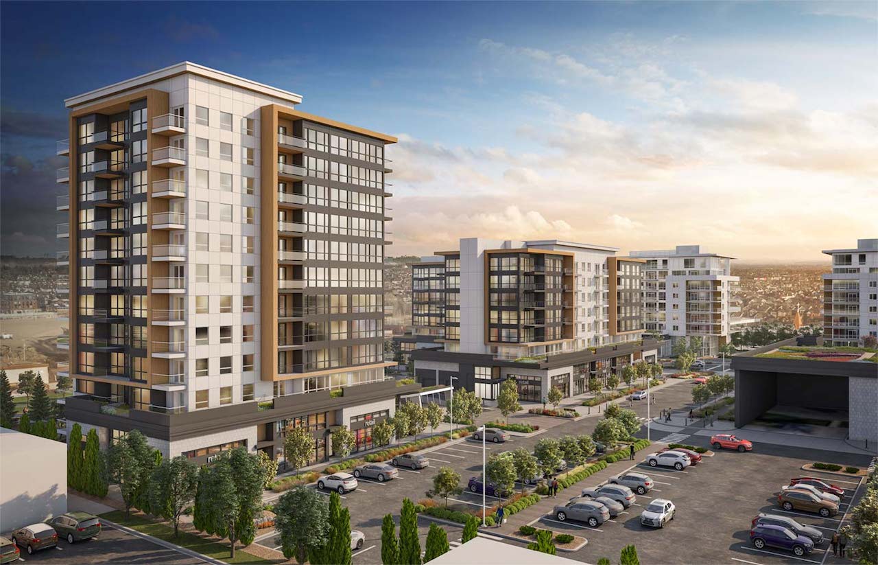 Exterior rendering of Oak & Olive Condos community