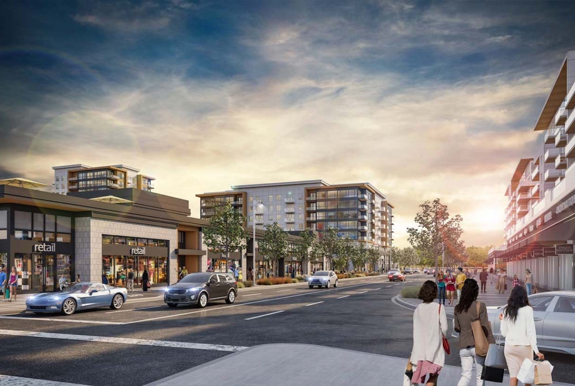 Exterior rendering of Oak & Olive Condos with streetscape