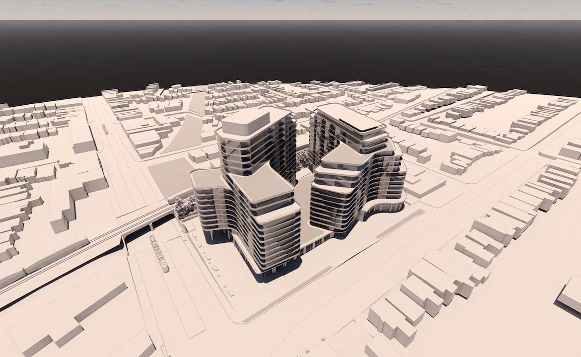 Exterior rendering of St Clair Gardens Condos aerial