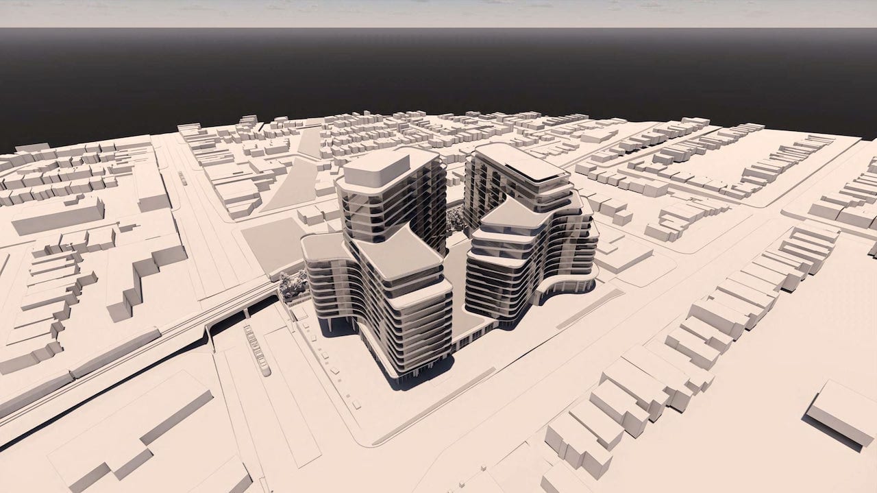 Exterior rendering of St Clair Gardens Condos aerial
