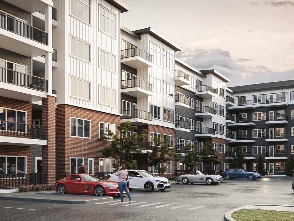 Exterior rendering of The Arthur Condos entrance
