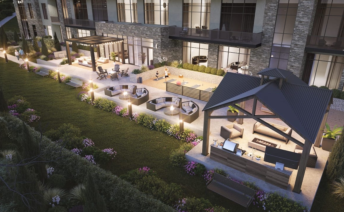 Rendering of Upper Vista Muskoka 4 condos aerial of outdoor terraces at night