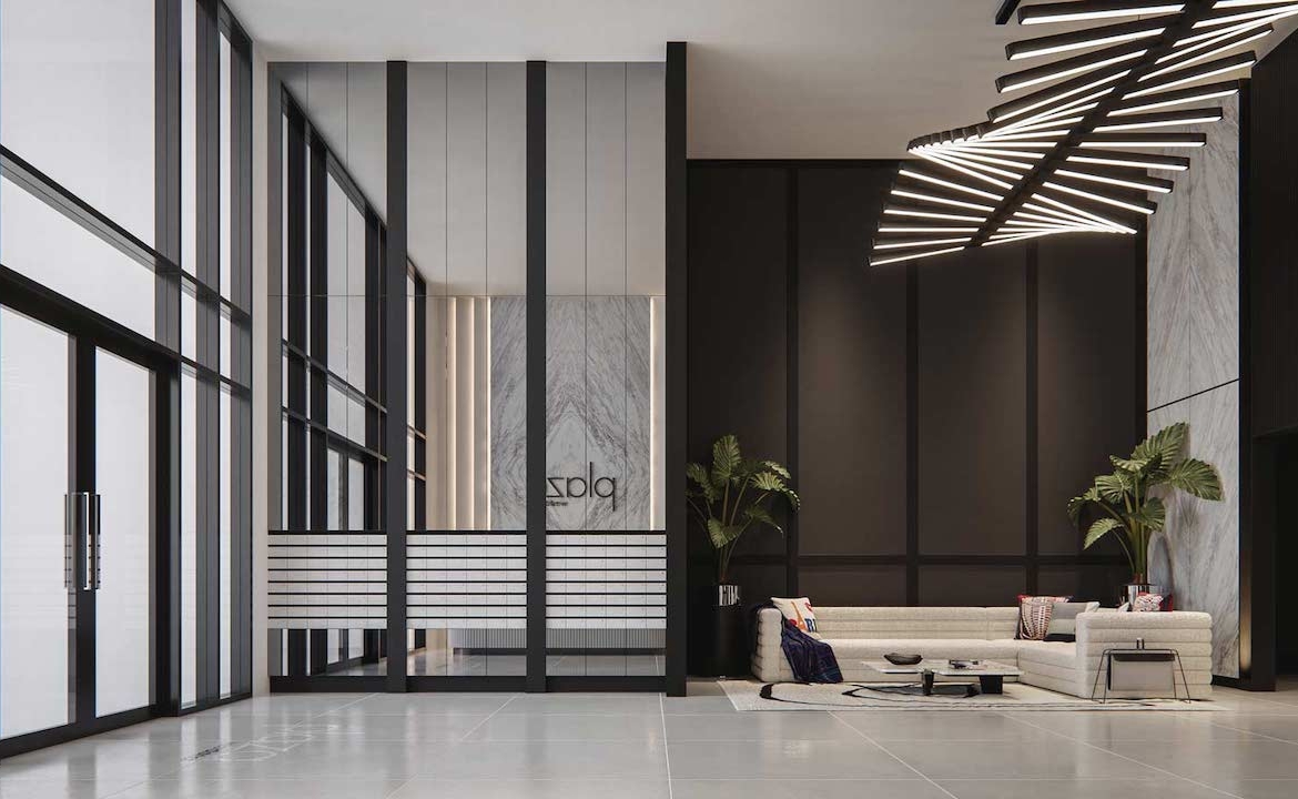 Rendering Plaza West District Condos lobby with seating