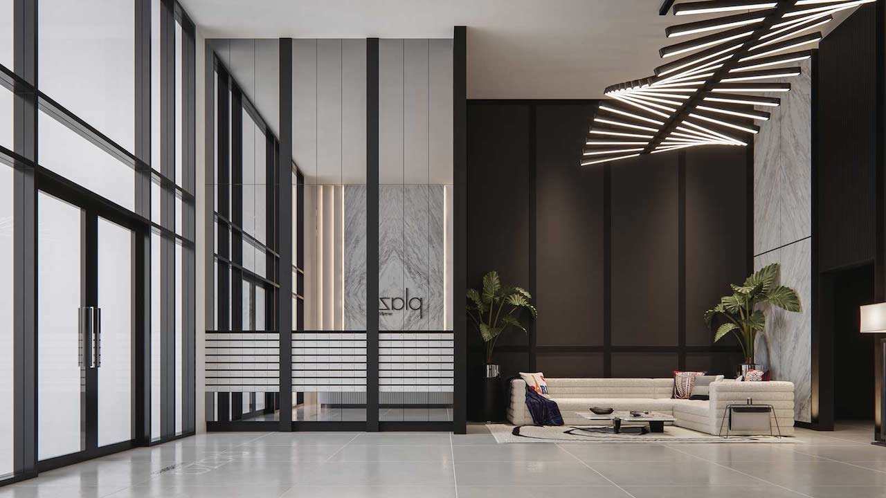 Rendering Plaza West District Condos lobby with seating