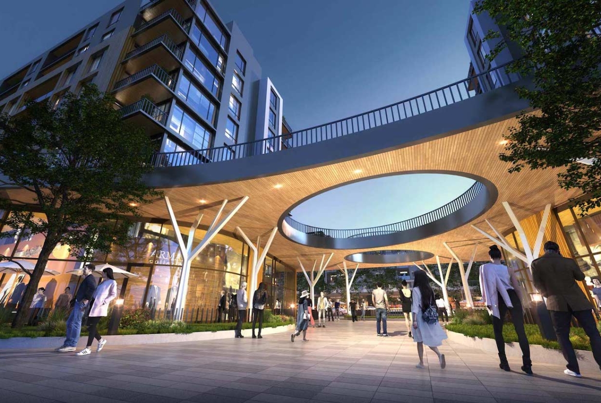 Rendering Plaza West District Condos courtyard night