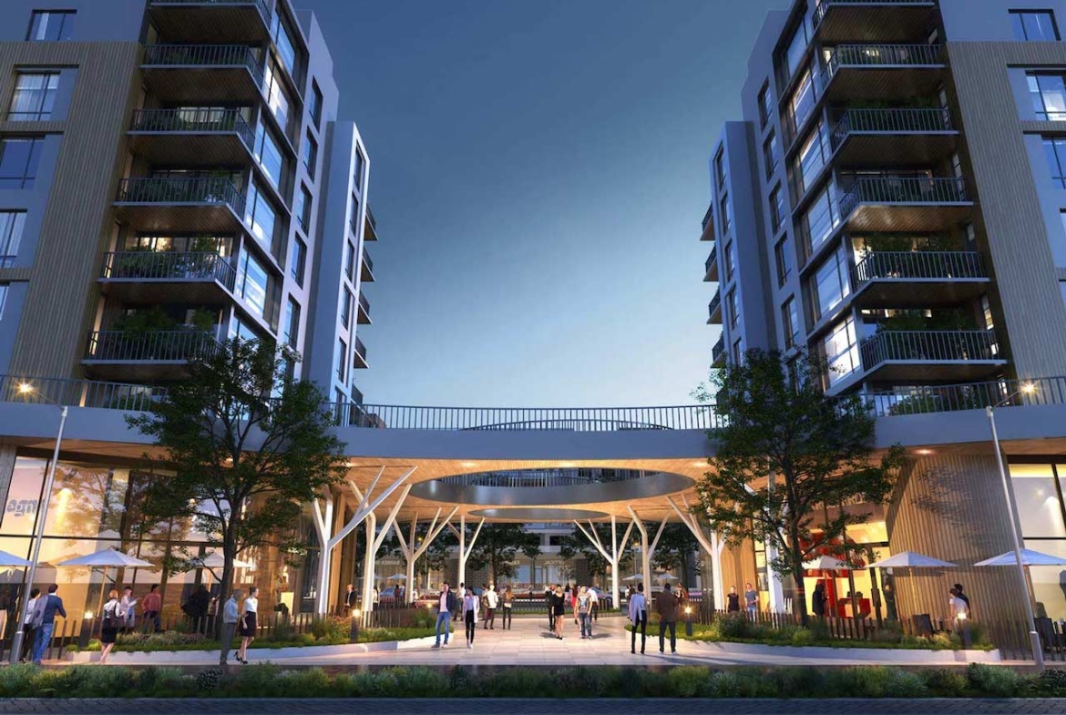 Rendering Plaza West District Condos walk way night