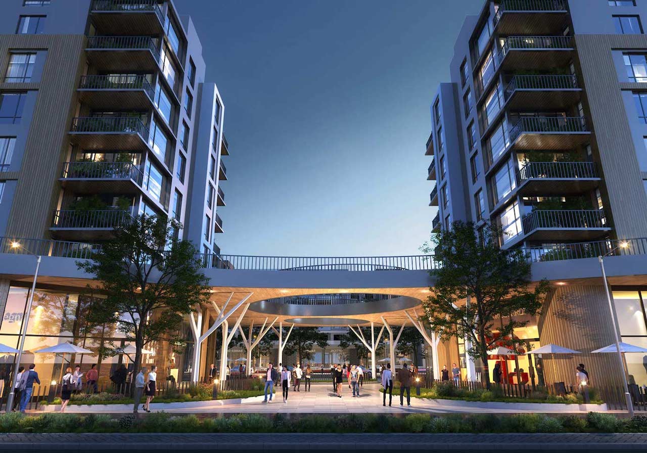 Rendering Plaza West District Condos walk way night