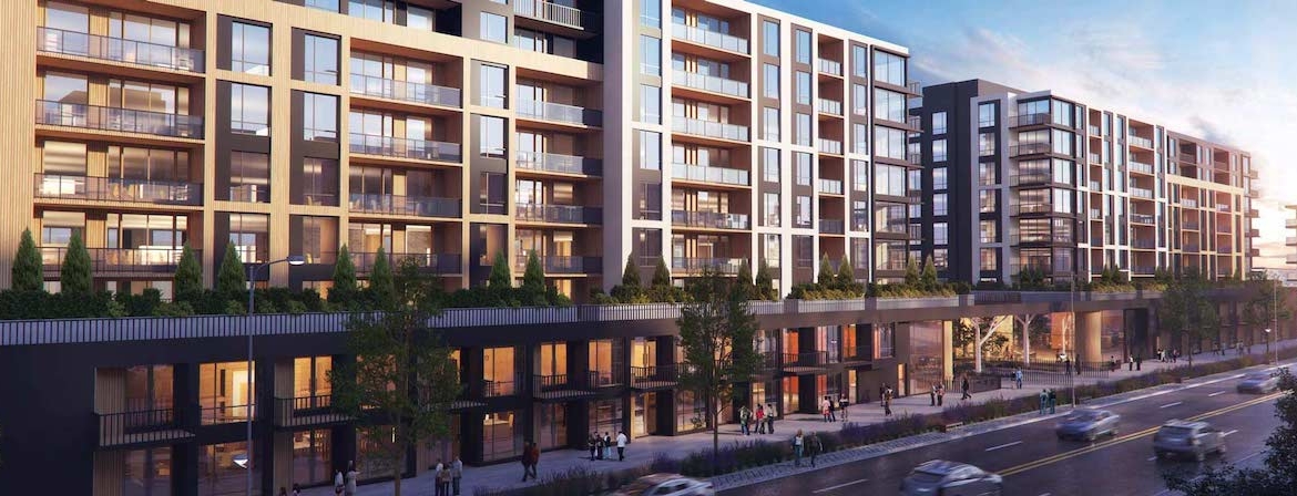 Rendering Plaza West District Condos exterior siding detail night