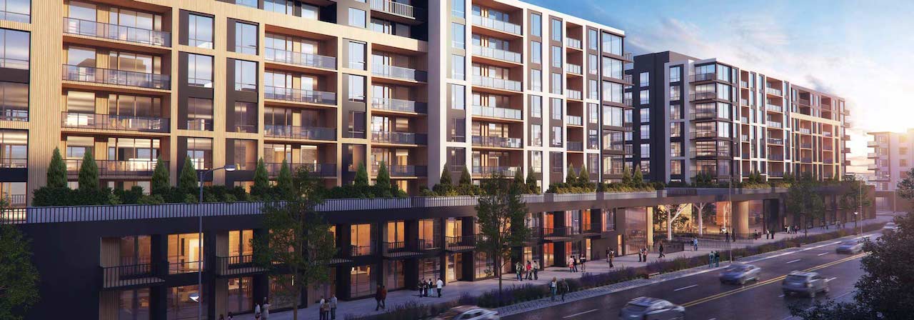 Rendering Plaza West District Condos exterior siding detail night