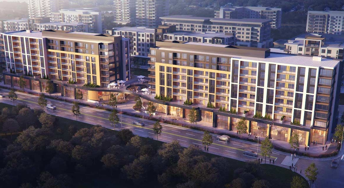 Rendering Plaza West District Condos exterior angled view at night