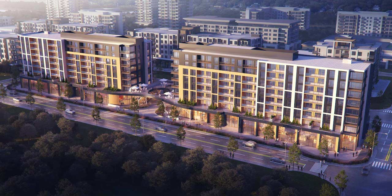 Rendering Plaza West District Condos exterior angled view at night