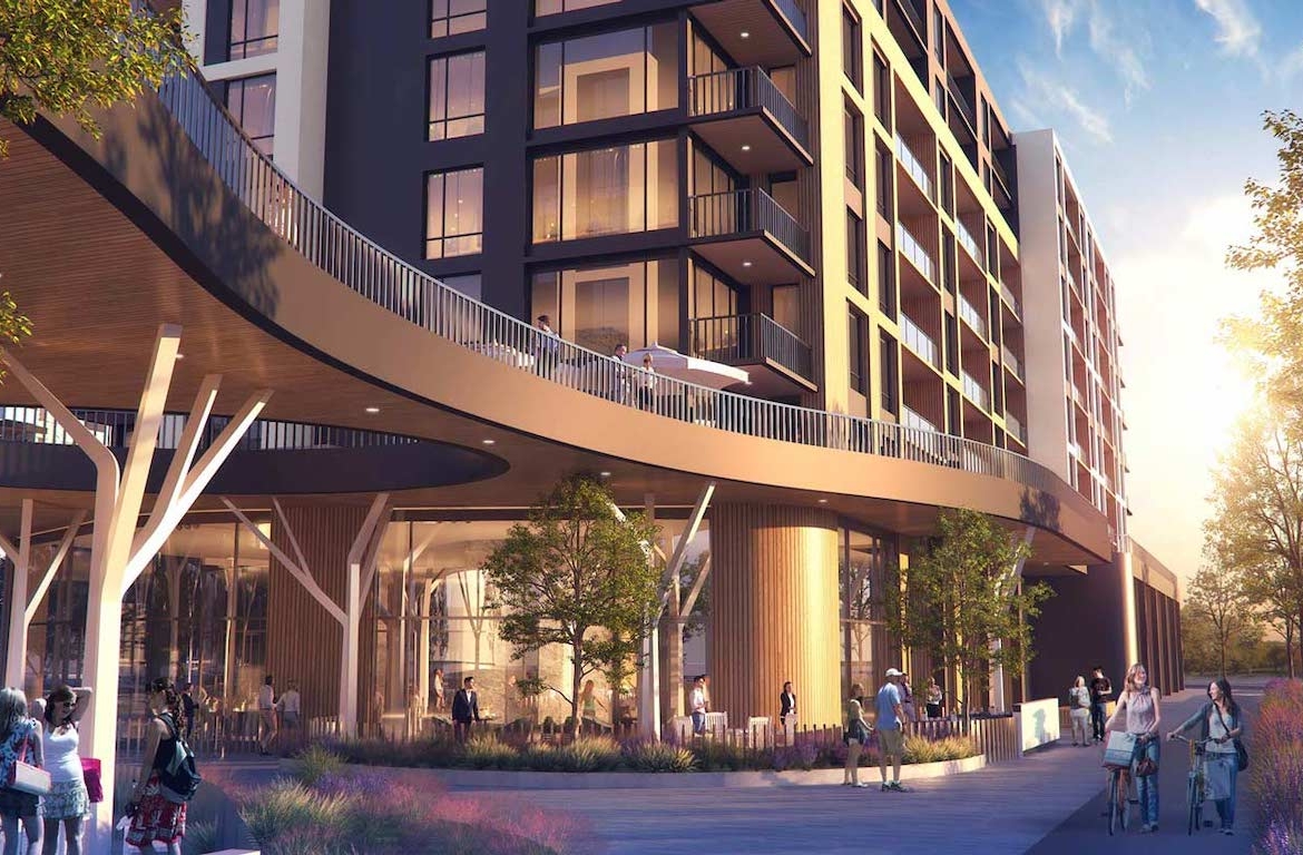 Rendering Plaza West District Condos exterior street view at night