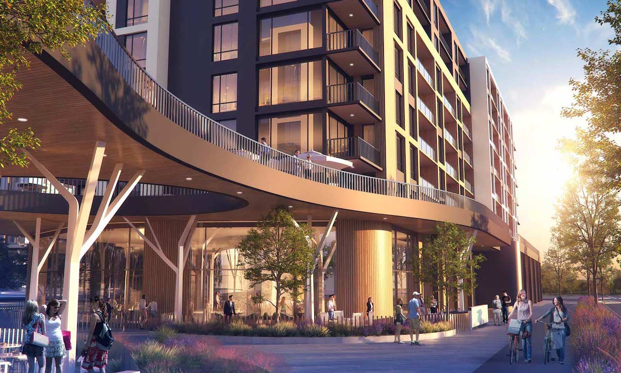 Rendering Plaza West District Condos exterior street view at night