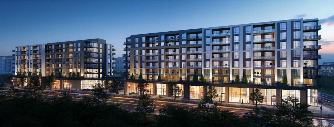 Rendering Plaza West District Condos building exterior evening
