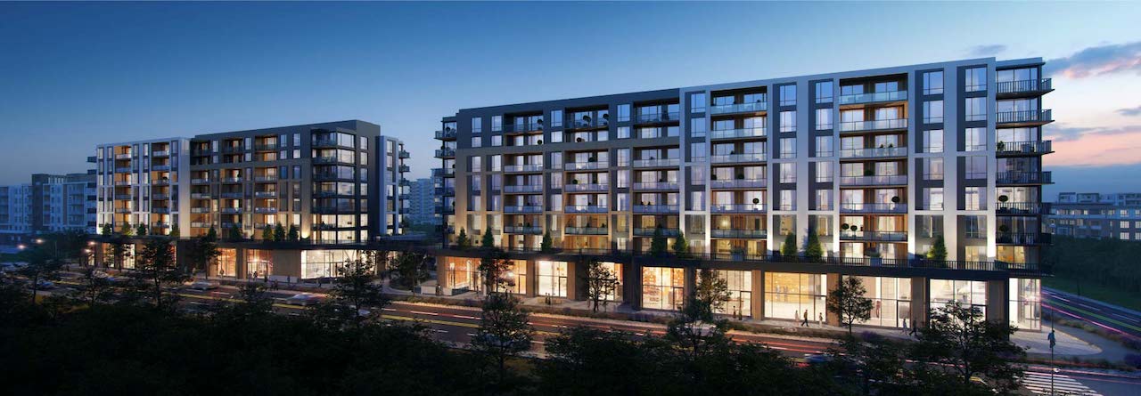 Rendering Plaza West District Condos building exterior evening