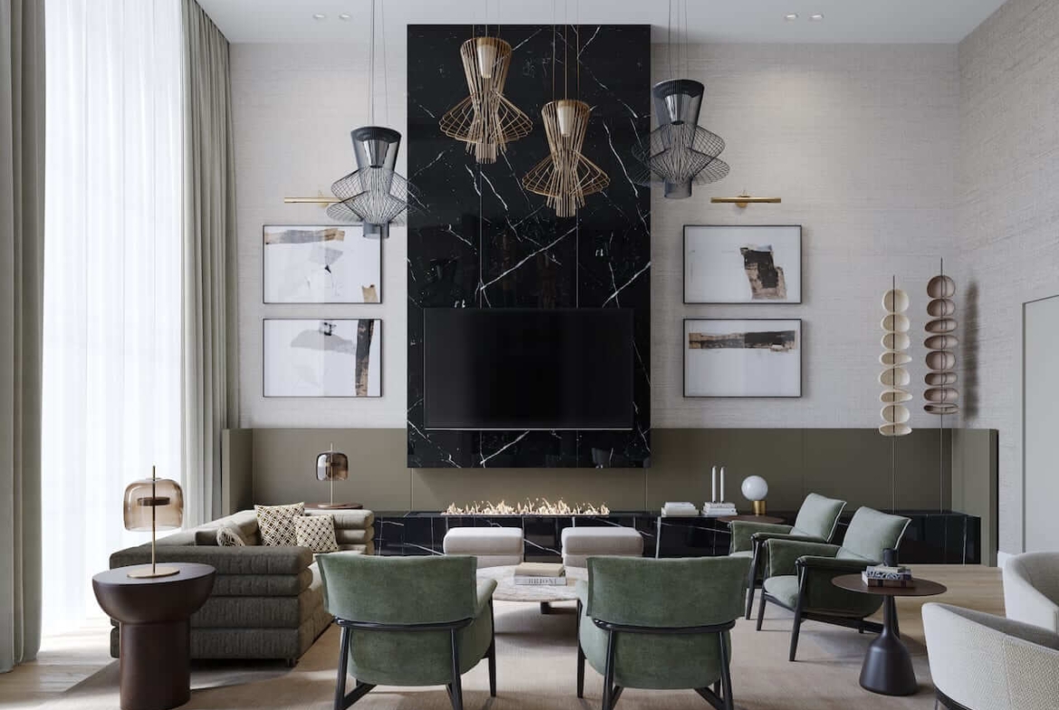 Rendering of Olive Residences social lounge interior