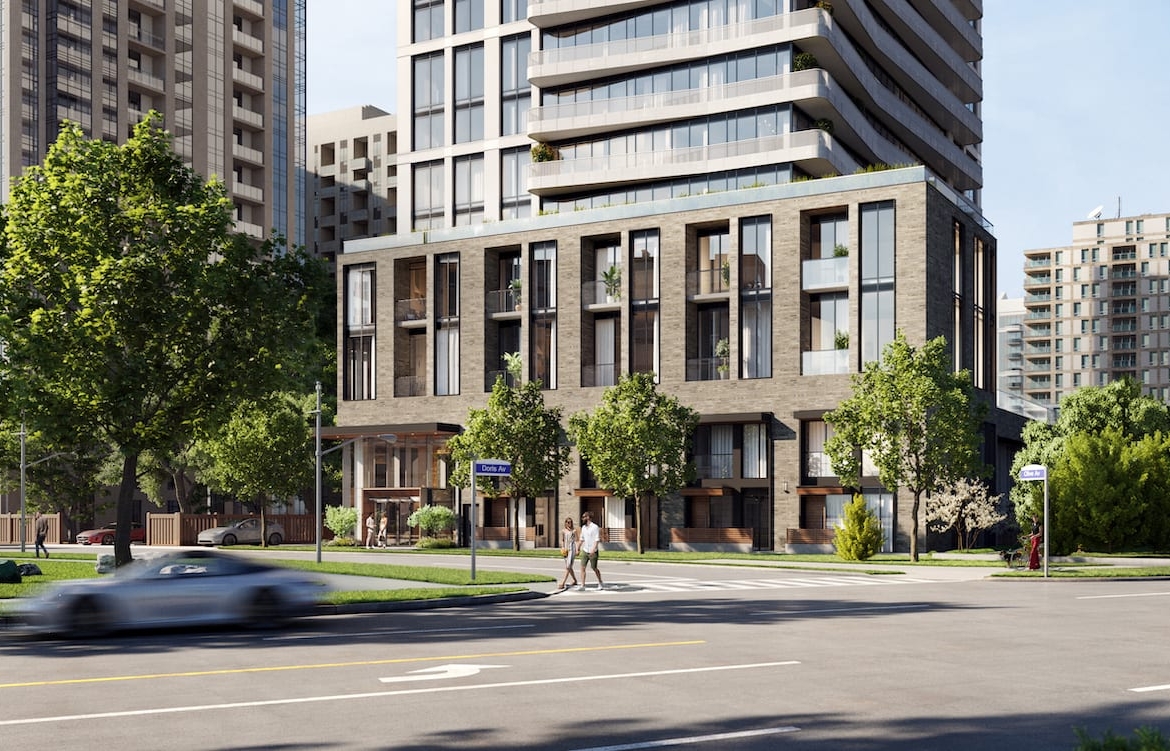 Rendering of Olive Residences exterior bottom street-level view