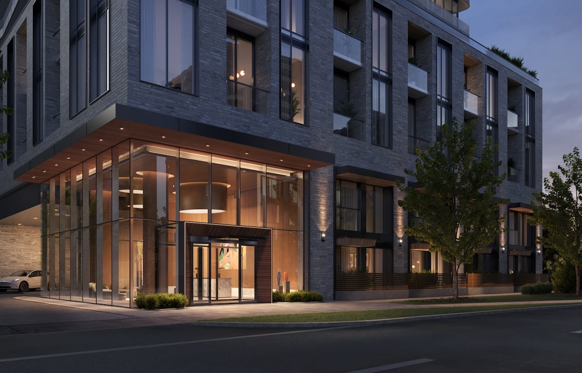 Rendering of Olive Residences exterior streetsccape at night