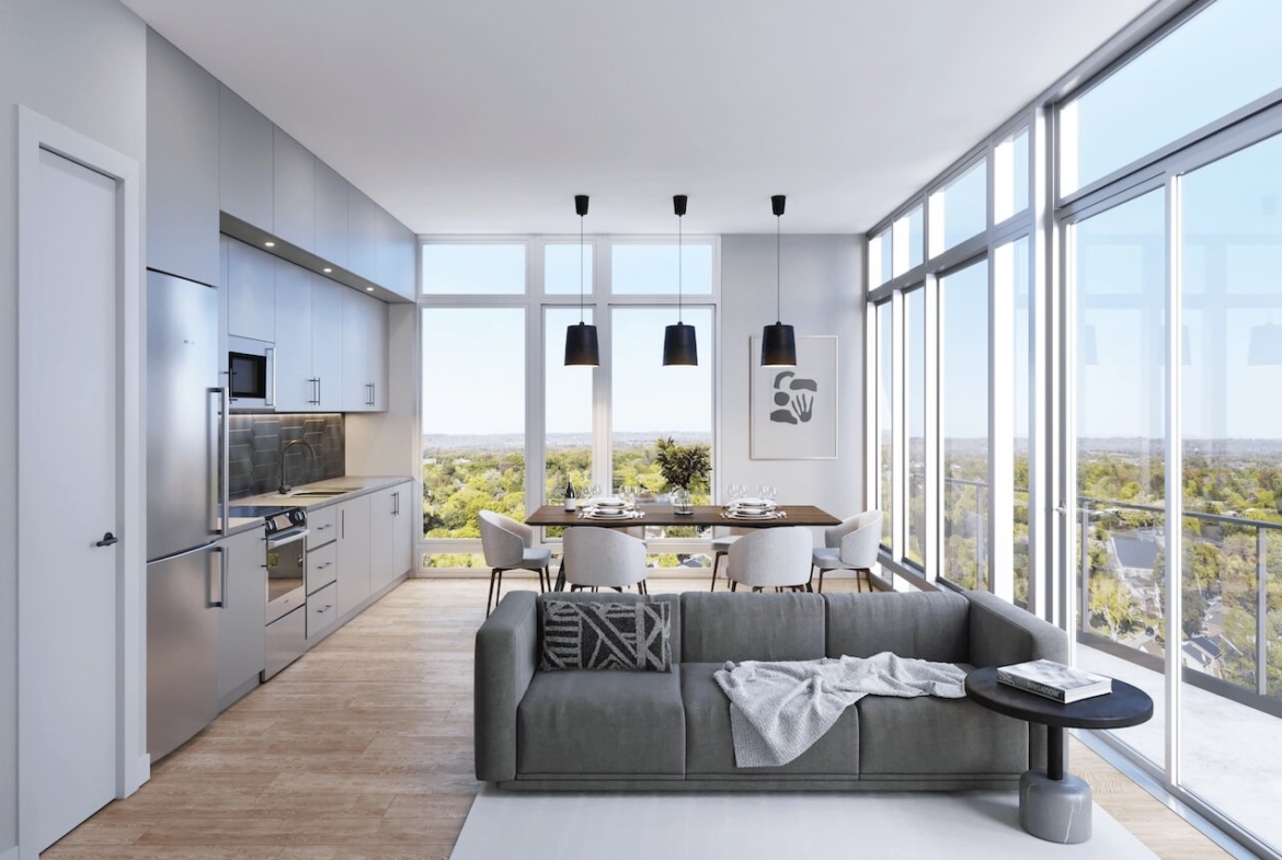 Rendering of 1107 Main Condos suite interior kitchen dark