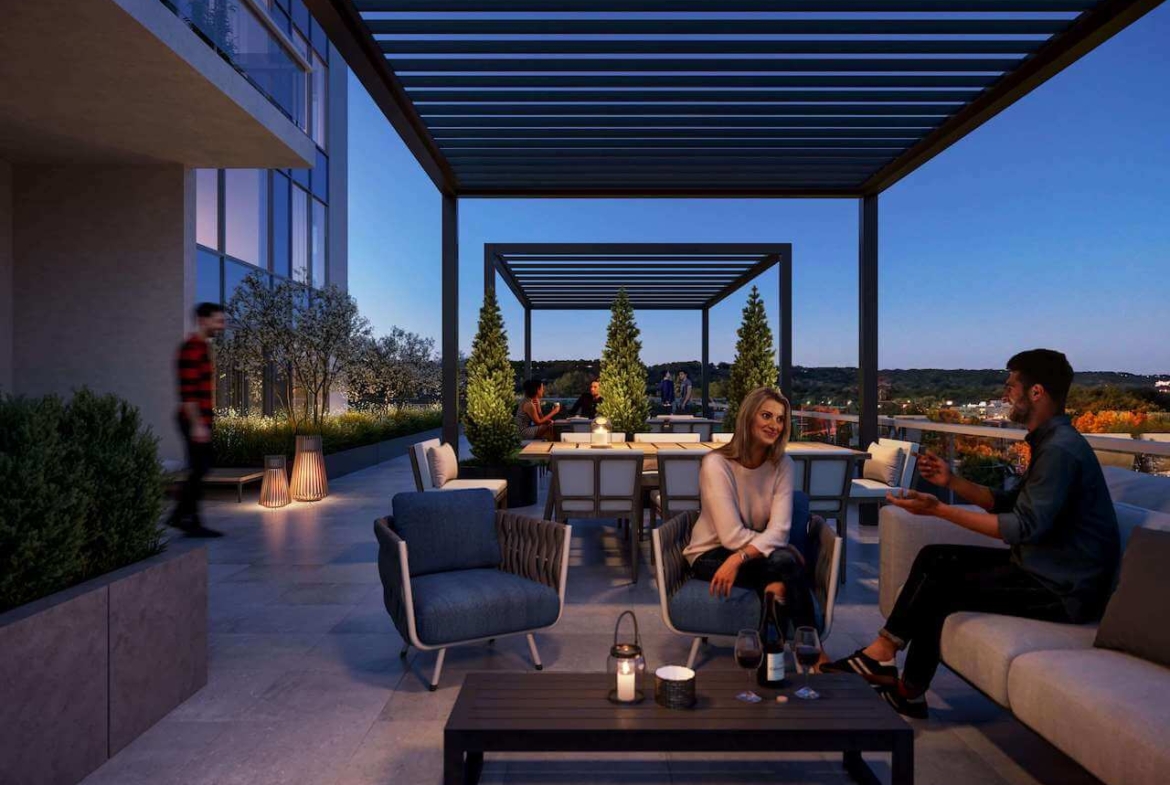 Rendering of 1107 Main Condos terrace at night