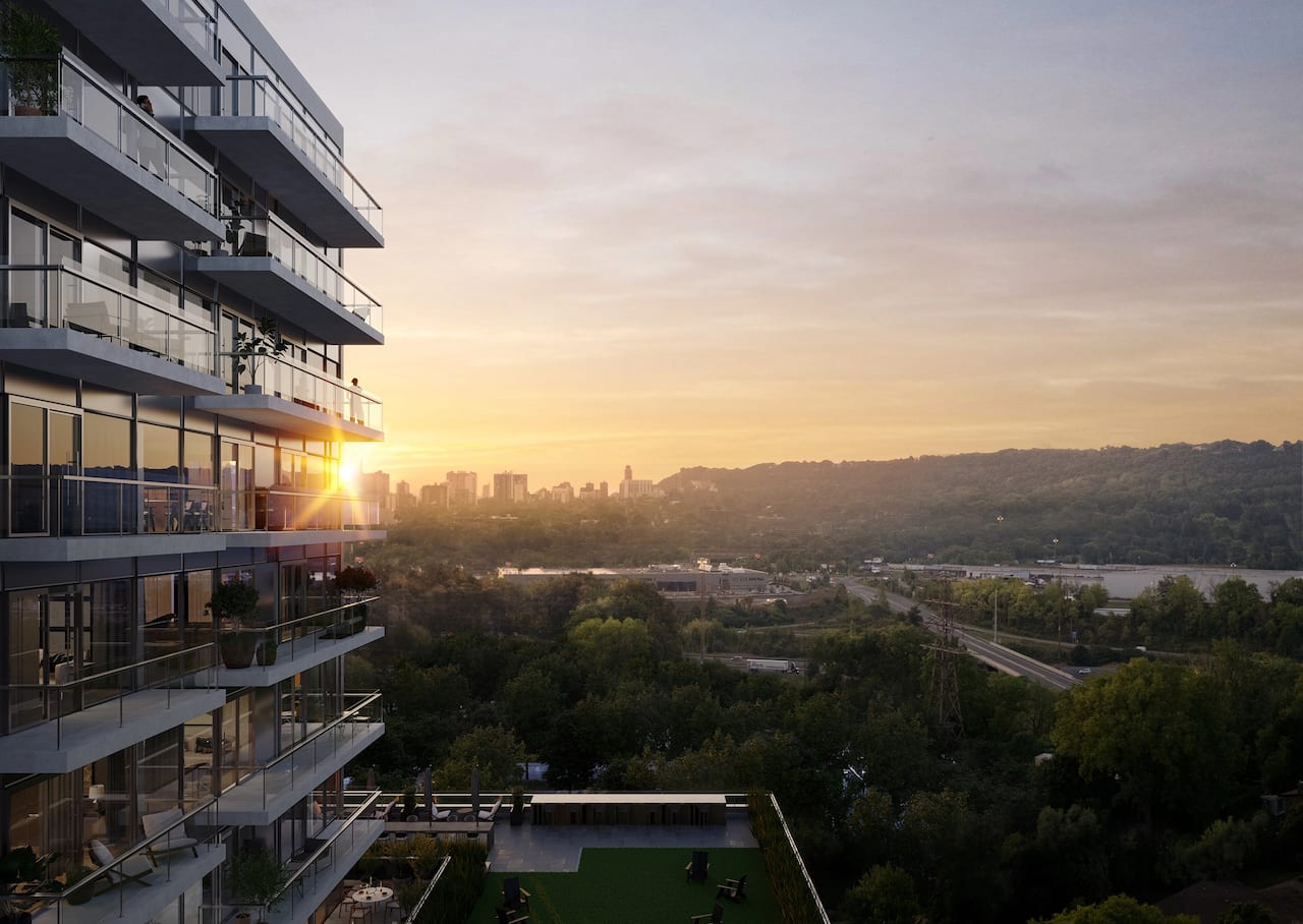Exterior rendering at dawn of 1107 Main Condos