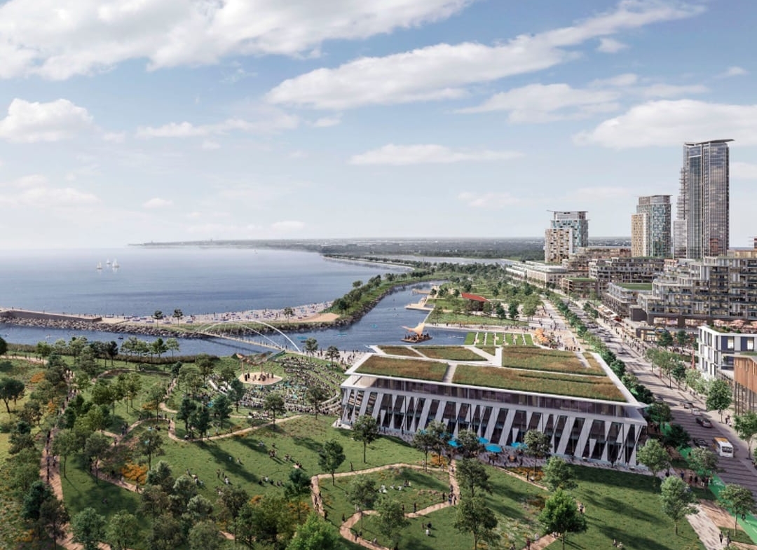 Aerial rendering of Birch Condos and Towns at Lakeview Village community and waterfront
