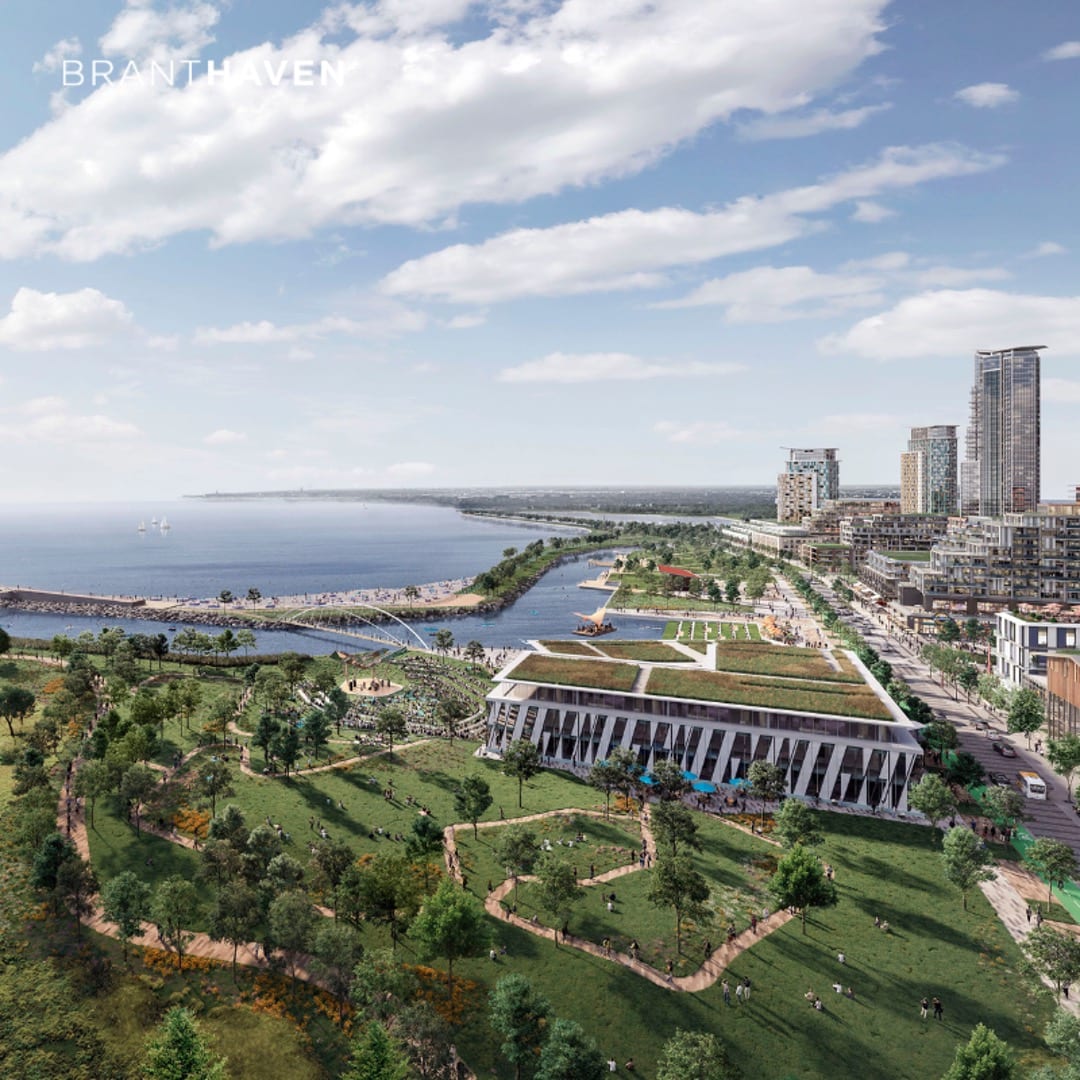 Aerial rendering of Birch Condos and Towns at Lakeview Village community and waterfront